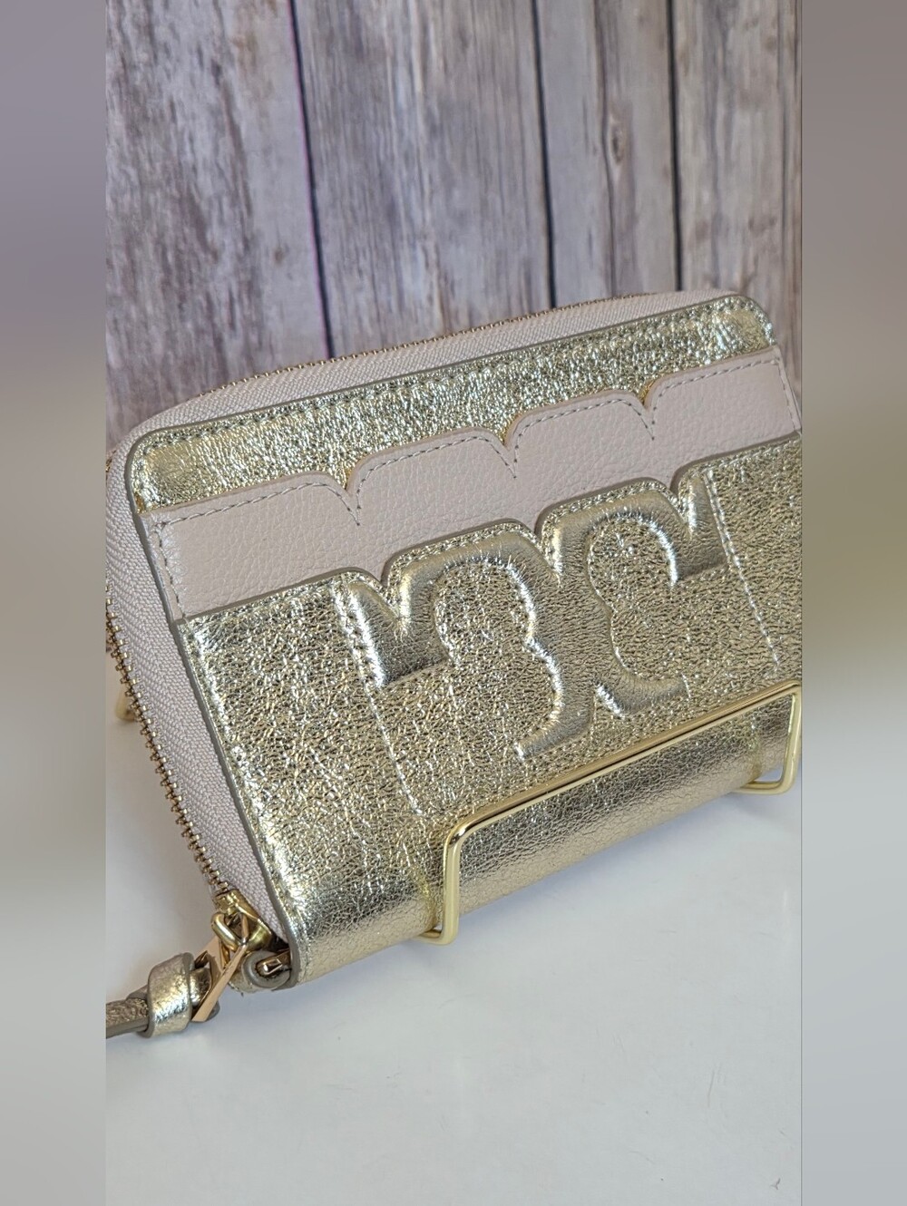 LOW START Tory Burch Metallic Gold Leather Zip Wallet Dust Bag Included - Picture 8 of 12